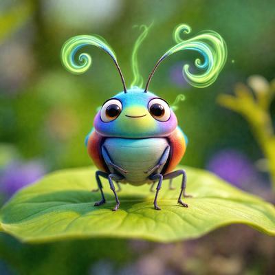 The primary subject of the image is a colorful, cartoon-like insect, possibly a dragonfly, sitting on a leaf. The insect has a green head and a purple body, and it appears to be smiling. The setting is a leafy green plant, which serves as the background for the insect. The visual style of the image is a combination of photo and digital art, creating a whimsical and playful atmosphere. The colors and mood of the image are vibrant and cheerful, with the insect